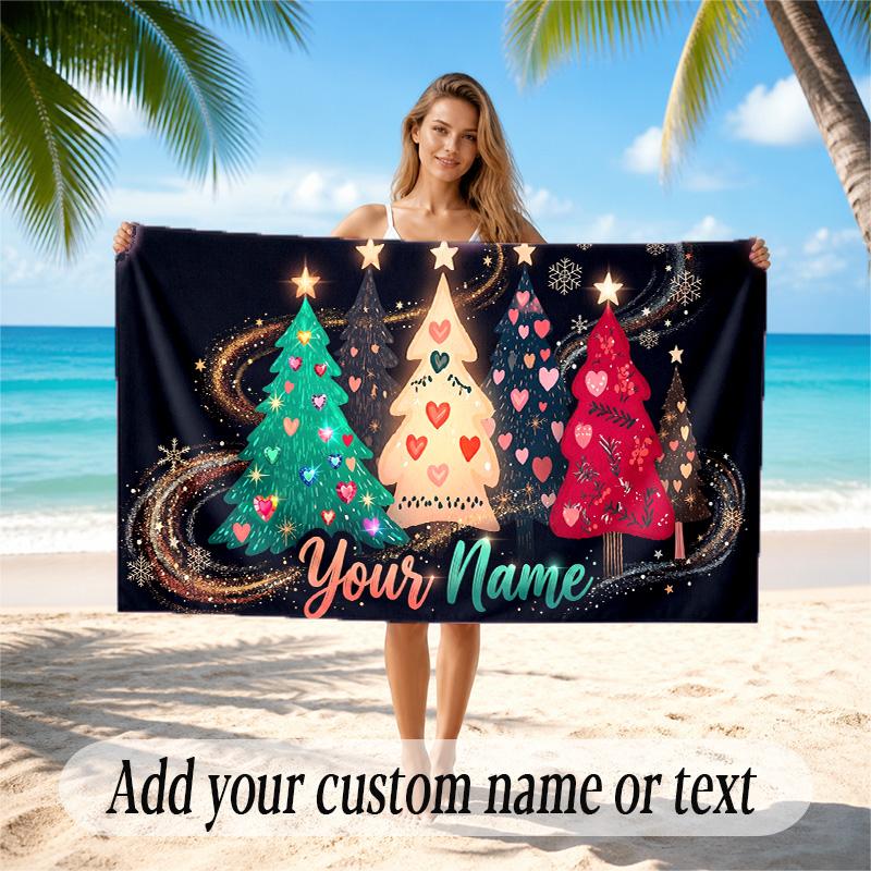 Christmas Theme Quick Dry Beach Towel Custom Name Text Print Large Sand Resistant Towel Beach Vacation
