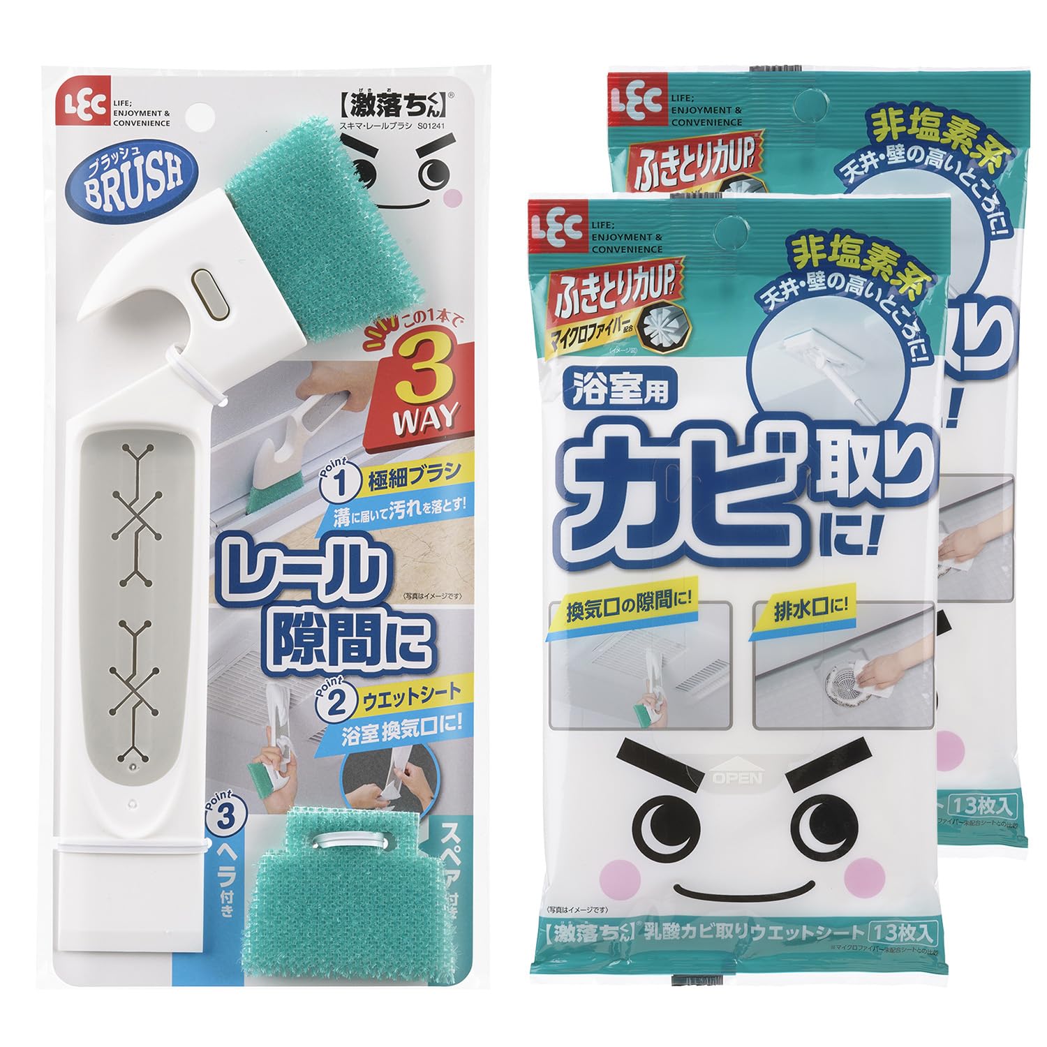 

LEC Gekiochikun Gap Rail Brush Bathroom Mold Removal Sheet Set & (with spare) & 2-Pack