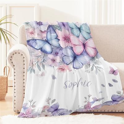 Customizable Floral Butterfly Blanket with Name Sofa, or Bed – Modern Style Gift for and Adults