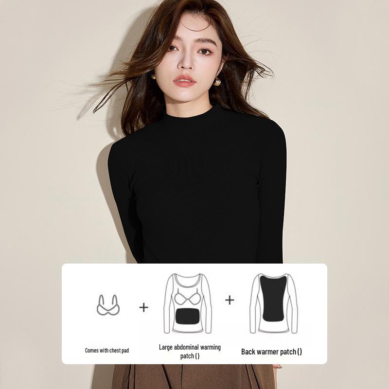Women's Slim Fit Velvet Half-Turtleneck Shirt with Chest Pads - Antibacterial, Long-Sleeved, Perfect for Autumn and Winter