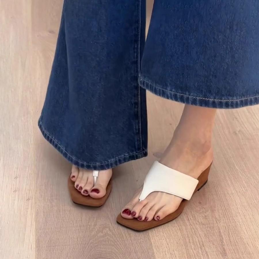 Soft Leather Version~ Thick-soled Heightened Flip-flops, Retro Minimalist Square Toe Cool Slippers, Women's Slope Heel Beach Shoes