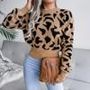 Women Autumn Winter Leopard Print Knitted Crop Sweater Long Sleeve O Neck Nipped Tops Sizes S to L