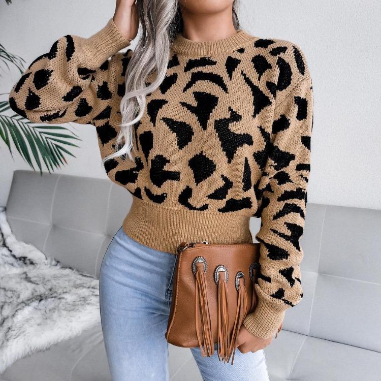 Women Autumn Winter Leopard Print Knitted Crop Sweater Long Sleeve O Neck Nipped Tops Sizes S to L