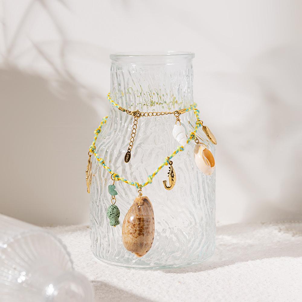 Bohemian color braided rope shell necklace summer beach vacation temperament stainless steel collarbone chain