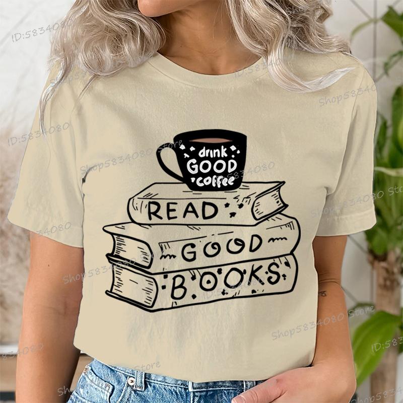 Casual Vintage Book Coffee T Shirt Women Trendy Bookish Short Sleeve Tshirt Book Lover Party Gift Coffee Lover Summer Clothes
