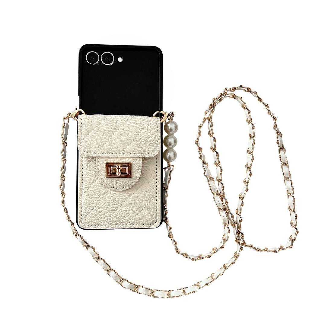 Fragrant Pearl Crossbody For Women Luxurious Card Holder Wallet Phone Case for Samsung Galaxy Z Flip 7 6 5 4 3 Shockproof Cover