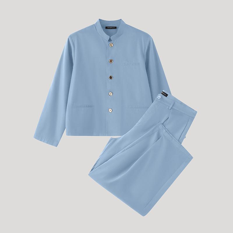 

INCERUN Комплекты из двух предметов Мужские Стойка воротник Рубашка с длинным рукавом Длинные брюки Штаны Наряды 5XL синий