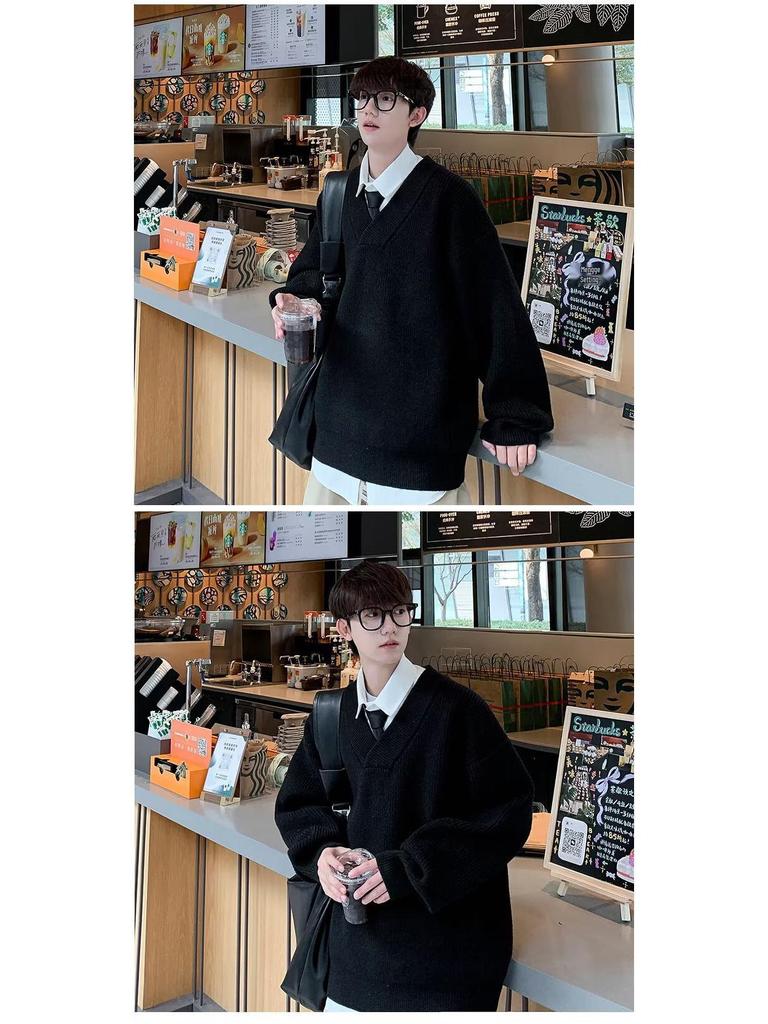 Autumn Winter 2025 Men's Casual Retro V-Neck Cardigan Sweater - Solid Color Knit Outerwear