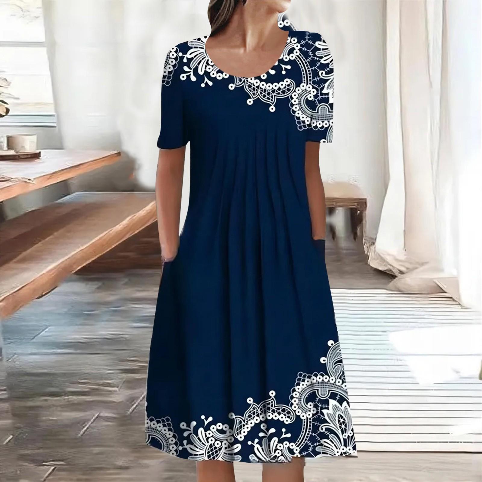 

Женское летнее повседневное модное свободное платье с круглым вырезом и коротким рукавом с принтом XXXL тёмно-синий