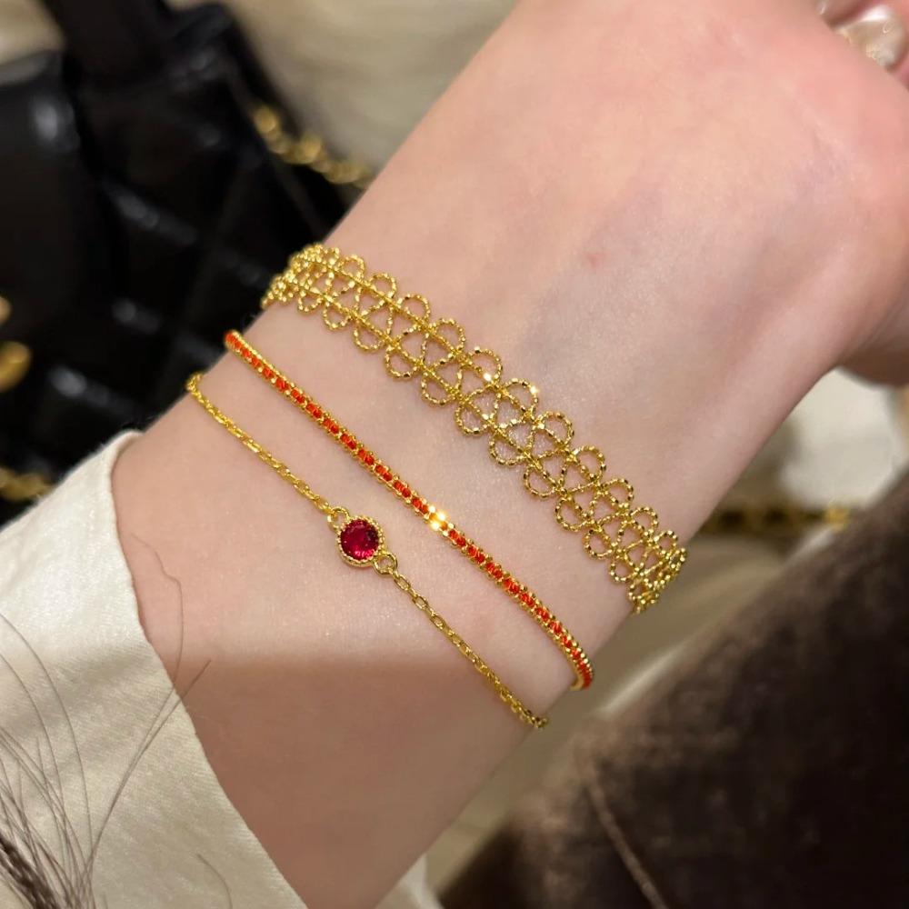 Handmade Red String Bracelet for Women Double Layer Stackable Design with Pigeon Blood Red Diamonds