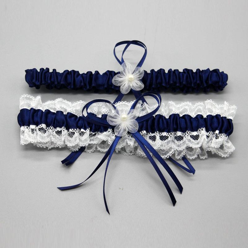Bride's Lace Bow Garter in Milan Navy, Wine, Dark Red, or Rice White