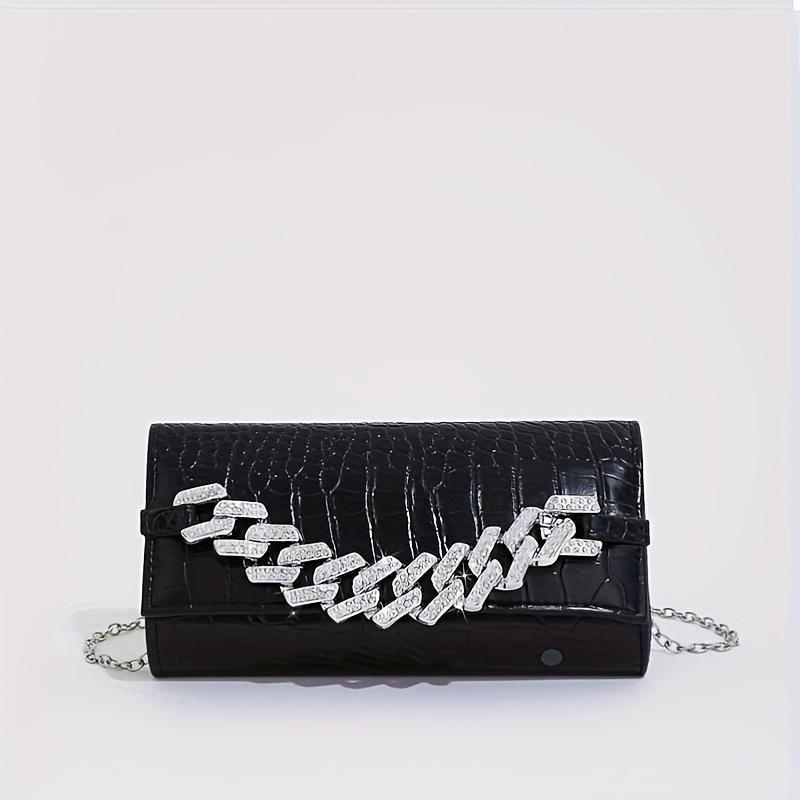 Cross-Border New Shiny Rhinestone Cuban Chain PU Crocodile Pattern Niche Clutch Chain Party Party Women'S Dinner Bag