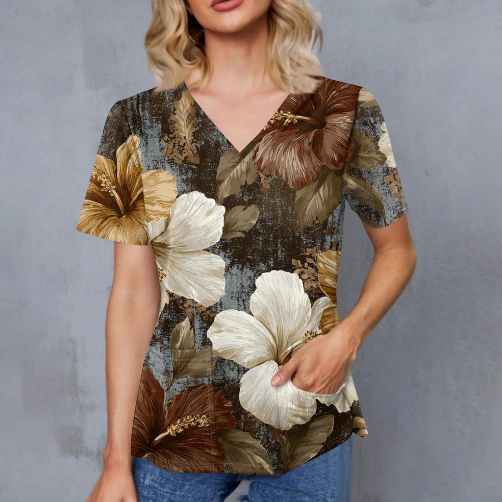 Women's Retro Printed V-Neck Double Pocket Short Sleeves Hem Slit Uniform Caregiver Top