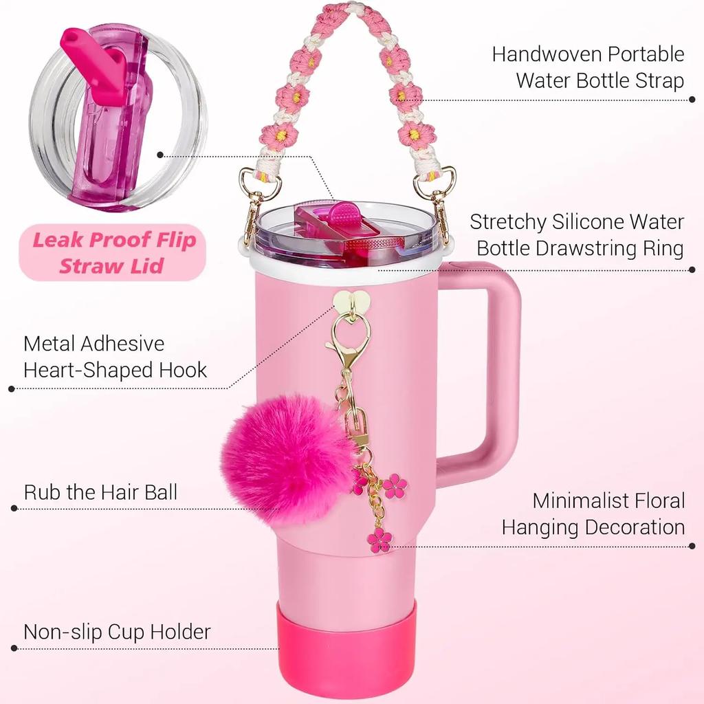9pcs 40oz Tumbler Accessories for Stanley Cup Set Leak Proof Flip Straw Lid Water Bottle Handle Strap,Silicone Cup Boot Charms