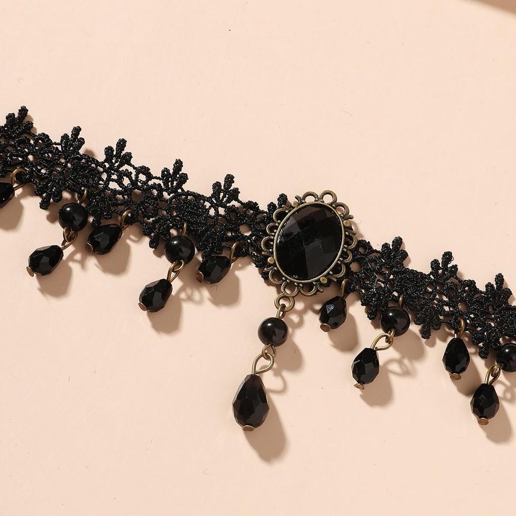 Dark Gothic Halloween Tassel Choker: High-End Black Lace Clavicle Necklace for Women