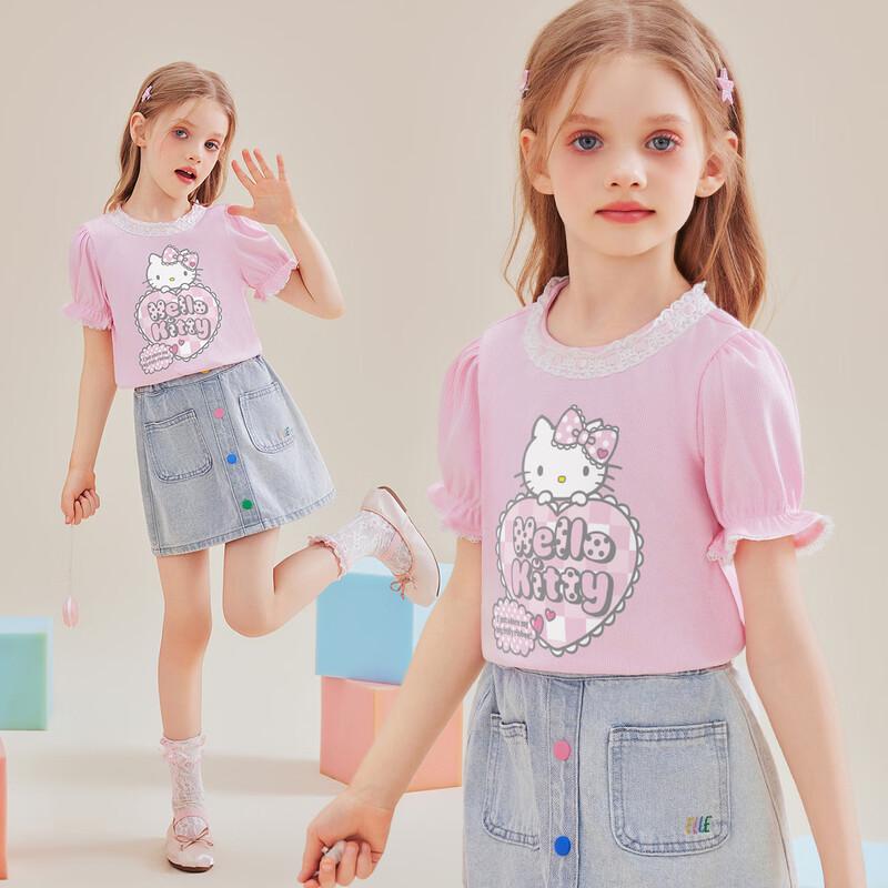 Hello Kitty Girls' Summer Cartoon Heart Print Puff Sleeve T-Shirt