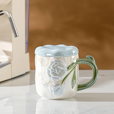 New Product Pearlescent Glazed Ceramic Cup with Lid Flower Mug High Value Household Set Water Cup Office Girls Cup