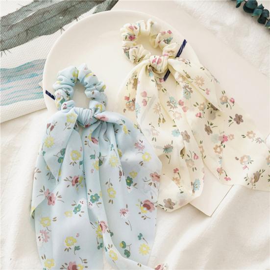 Women Hair Tie Floral Print Long Ribbon Chiffon Fabric Hair Rope Bun Half-Tied Hairstyles Ponytail Holder Hair Accessory