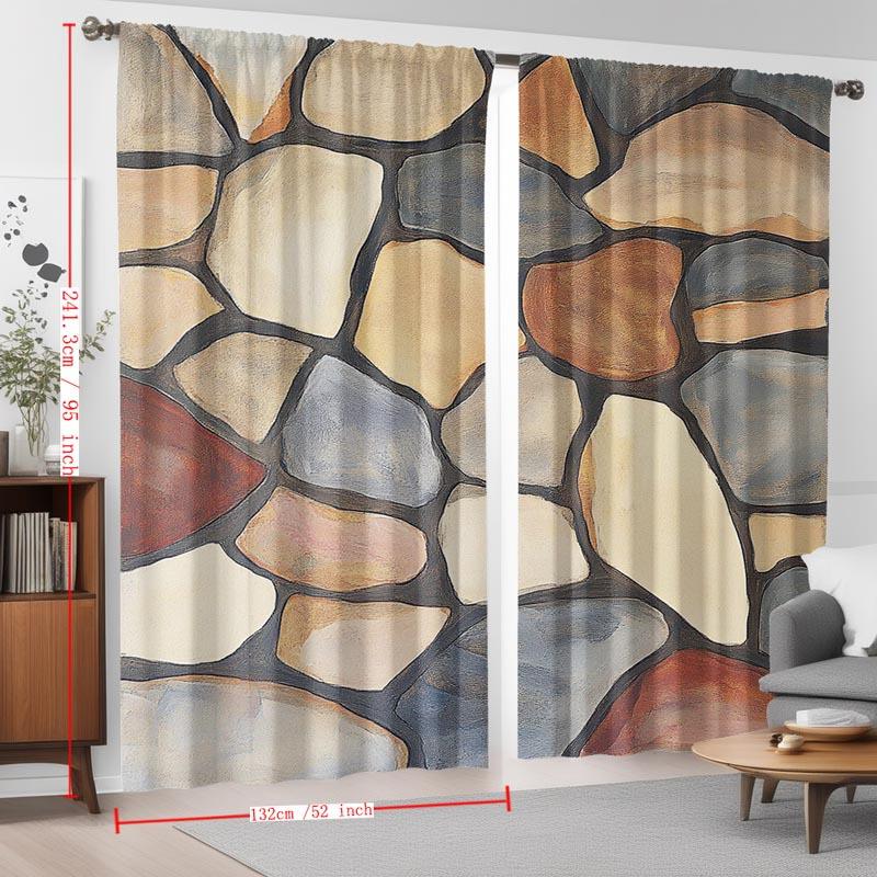 Colorful Pebble-Print Curtains Set of 2 – Soft Abstract Stones, Rod Pocket Semi-Sheer Drapes for Kitchen & Living Space
