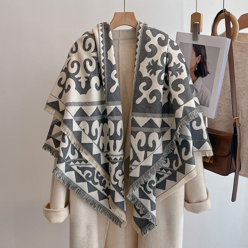 Women'S Luxury Winter Cashmere Scarf - Tasseled Damask Printed Pashmina Shawl, Warm Wrap & Foulard Poncho