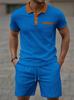 Men's Summer Waffle Collar Color Block Pocket Button-Down Short Sleeve Shirt and Shorts Set