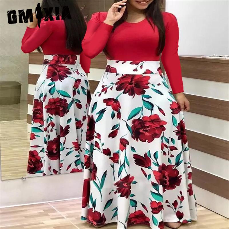 GMXIA Floral Print Patchwork Long Sleeve Bohemian Dress Women Spring Autumn O-Neck Big Swing Long Dresses