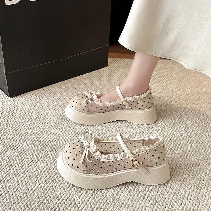 French bow mesh breathable retro Mary Jane shoes women's 2025 summer new single shoes heightening ballet shoes