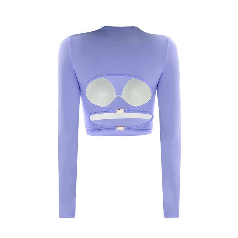 

Open Back Cut Out Sexy with Breast Pad Yoga Sports Long Sleeves T-shirt Female Fancy Tops Silm Thin Band Chest Pad Twilight Mountain Purple L