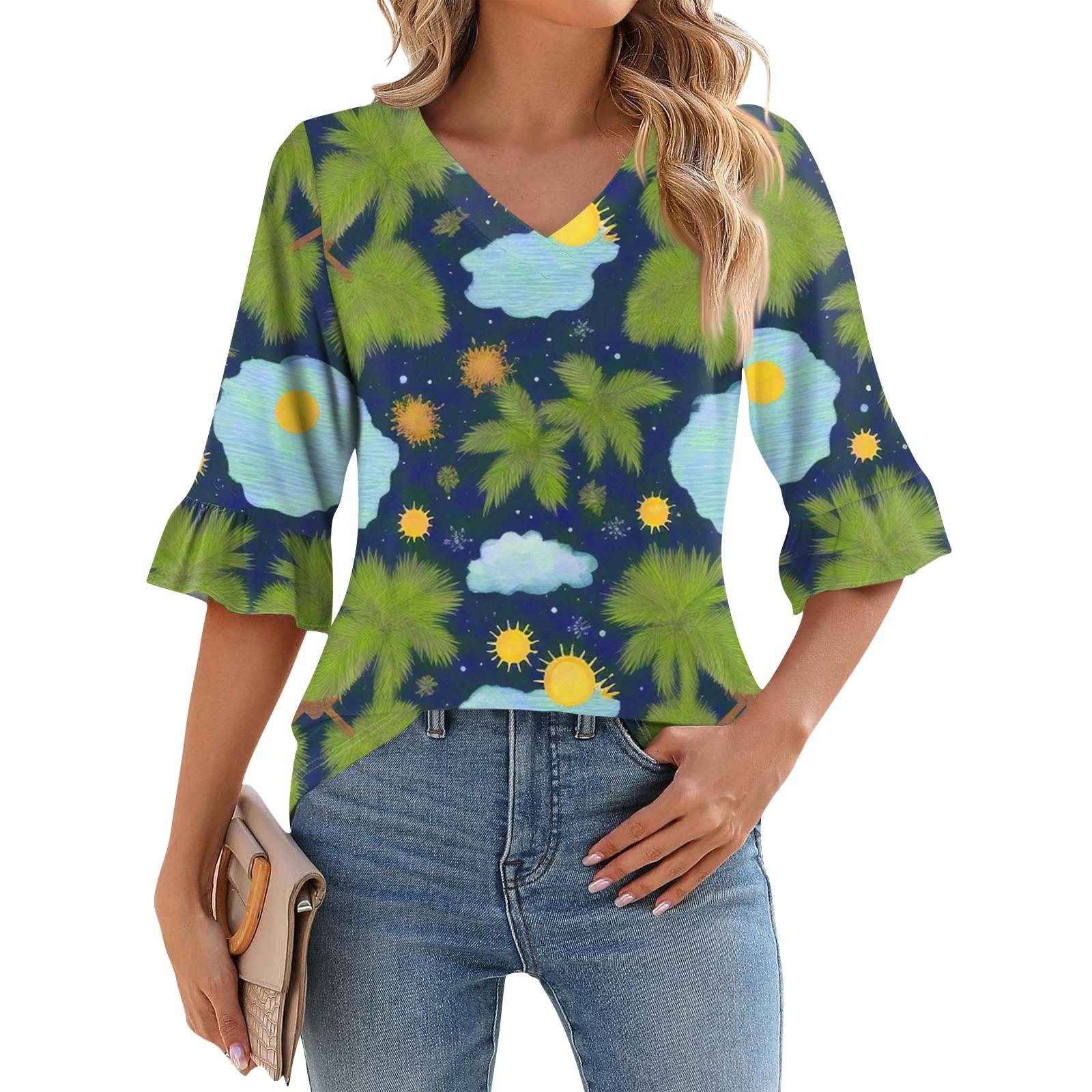 

Женская повседневная футболка с рукавом 3/4, летняя футболка с V-образным вырезом и пышными рукавами, гавайский принт L армия зеленый