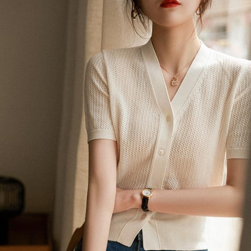 

Летняя мода, новый женский свитер с коротким рукавом и V-образным вырезом, черно-белые вязаные свитера, кардиганы, женские топы JJ51 One Size белый