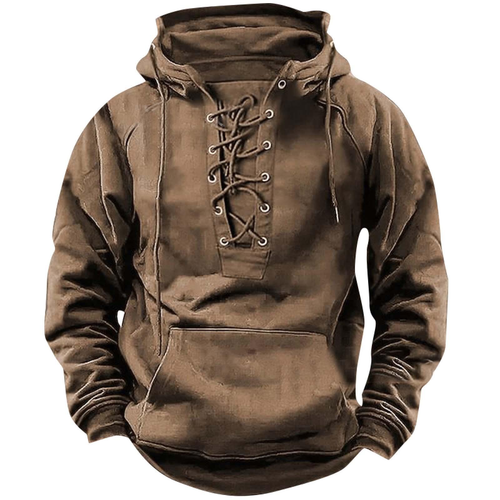 

Men s Hooded Solid Color Sweater, European And American Youth Sports Multi Pocket Patch Leather Sweater Jacket M хаки