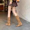 Leather Version~ Retro Suede Crossed with Flat Bottom Pleated Stacking Boots Women's Big Tube Circumference Thin Inner Height Increase Medium