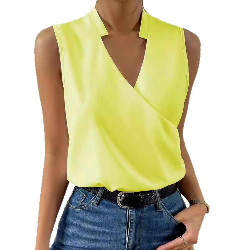 Summer Women's Chiffon Shirt Pullover V-neck Sleeveless Women's Top, Versatile Business Women's Shirt for Commuting