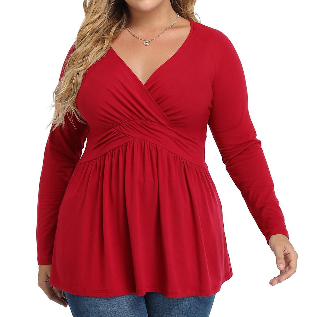 Women's Plus Size Shirt Long Sleeve Floral Solid Color Top Pleated Casual V-Neck Top
