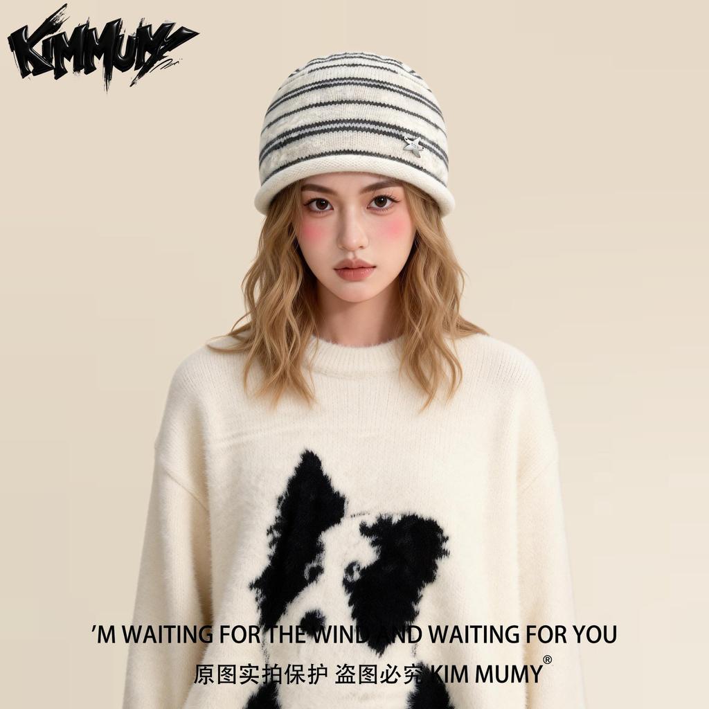 KimMumyins Striped Knitted Hat Girls Autumn and Winter Warm Curled Edge Cold Hat Versatile Plain Wool Hat