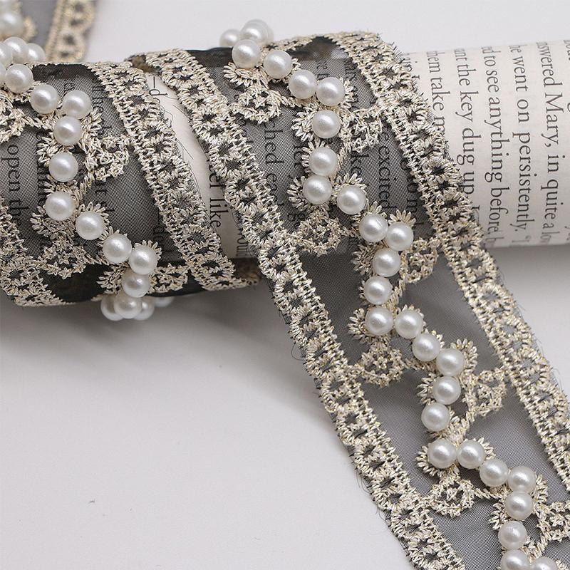

1Yard 40mm Exquisite Embroidery Organza Lace with Pearls for DIY Headwear Accessories Clothing Wedding Dress Pearl Lace Decor 40mm-1 yard
