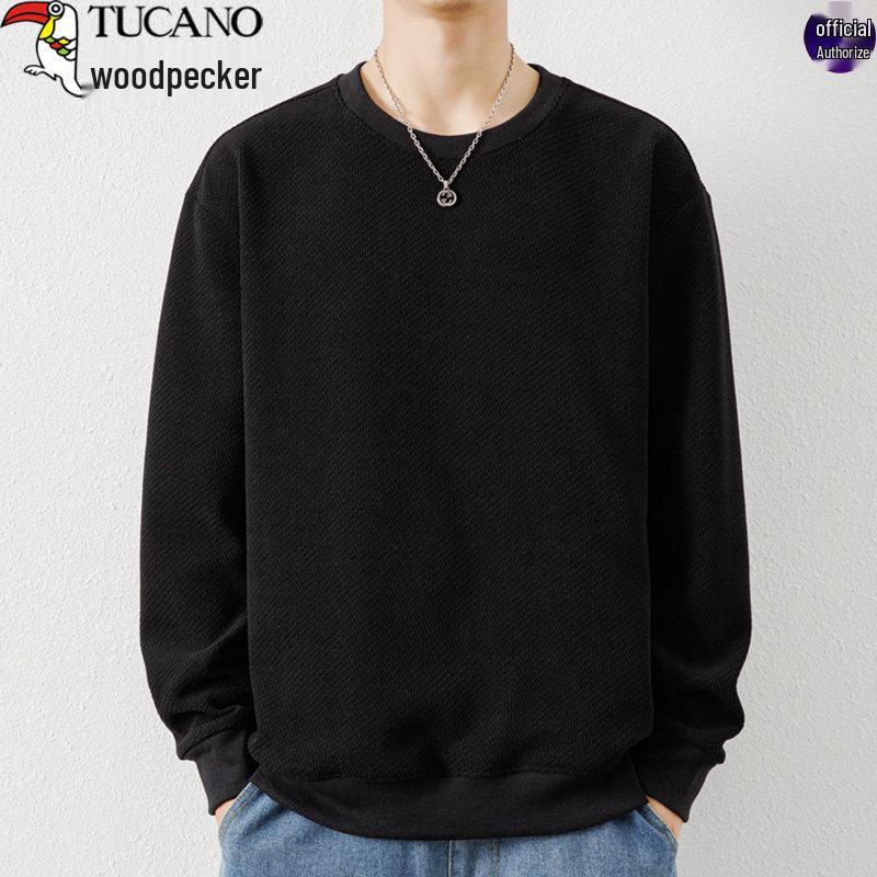 Woodpecker Men's Waffle Knit Long Sleeve T-Shirt - Round Neck, Thick Cotton, Versatile Casual Base Layer for Spring and Autumn