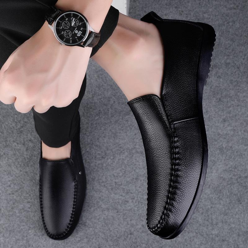 Men's Round Head, Shallow Mouth, First Layer Cowhide Men's Casual Shoes, Overalls, Doudou Shoes, Flat Heels, Formal Casual Men's Shoes