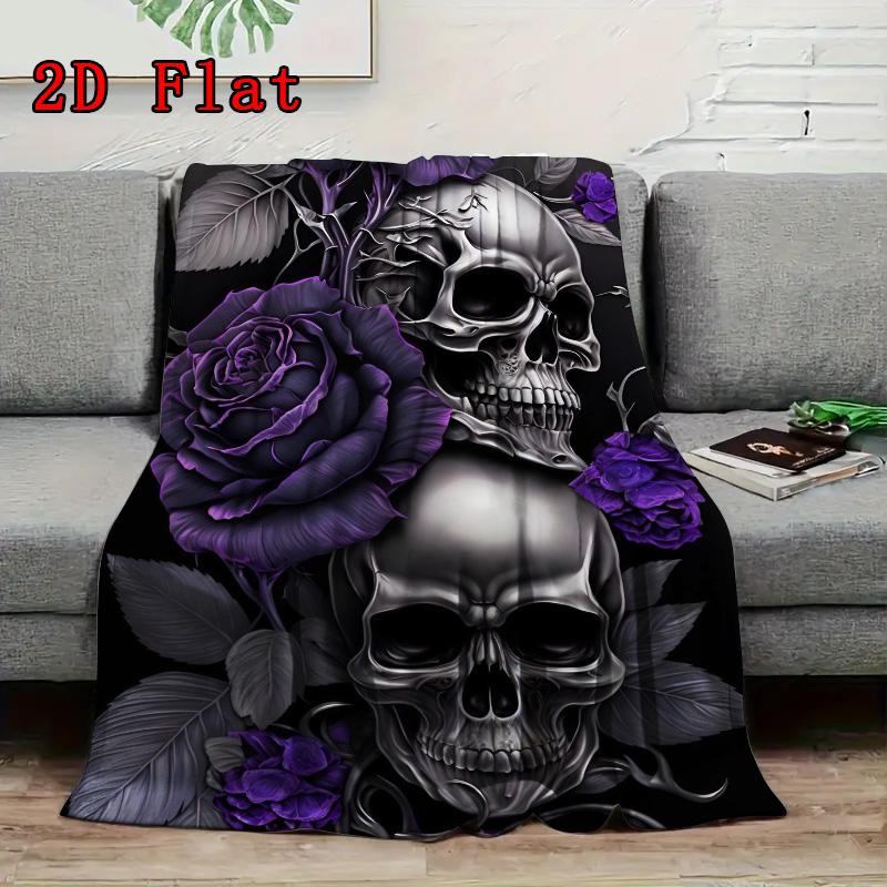 Purple skull and roses 2D Flat Pattern Flannel Blanket High quality All Seasons Warmth and Comfort Perfect for Christmas Gifts.SMT0917587