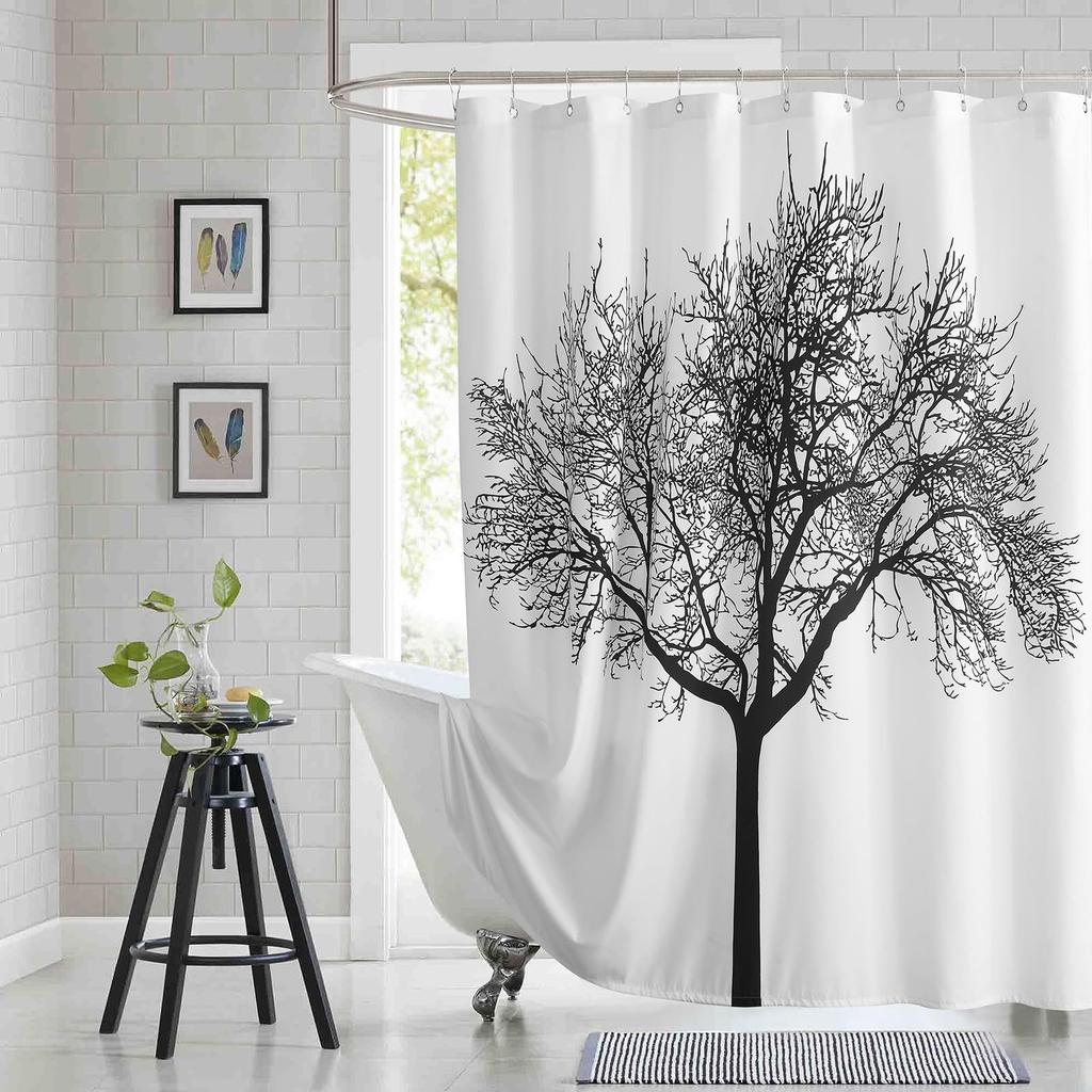 Floral Pattern Fabric Shower Curtain, Beige Gray Plant Bathroom Shower Curtain, Waterproof Bathroom Shower Curtain Curtain