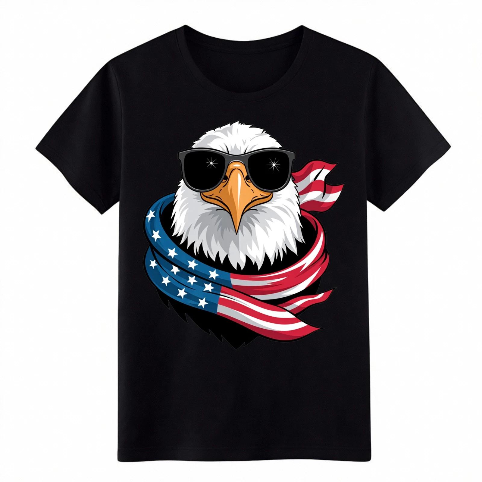 Unisex Cool Bald Eagle Sunglasses T-Shirt USA Flag Patriotic Graphic Casual Tee M