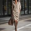 Herfst Casual Knoop Losse Rechte Gebreide Midi-Lengte Trui Jurken Damesmode Revers Lange Mouw Zak Party Jurk