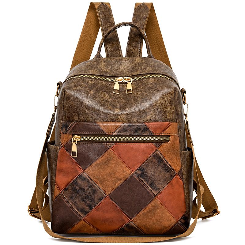 

Большая вместимость цветного блока противоугонный рюкзак женский дорожный рюкзак мягкая кожаная школьная сумка коричневый