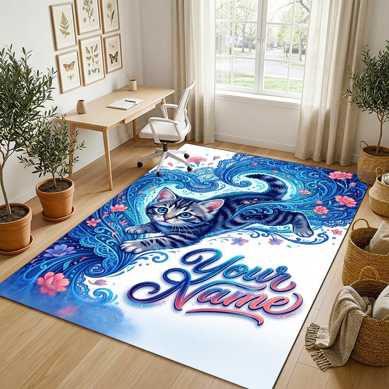 Cat Theme Crystal Velvet Rug Personalized Custom Name Text Soft Floor Mat Home Decor