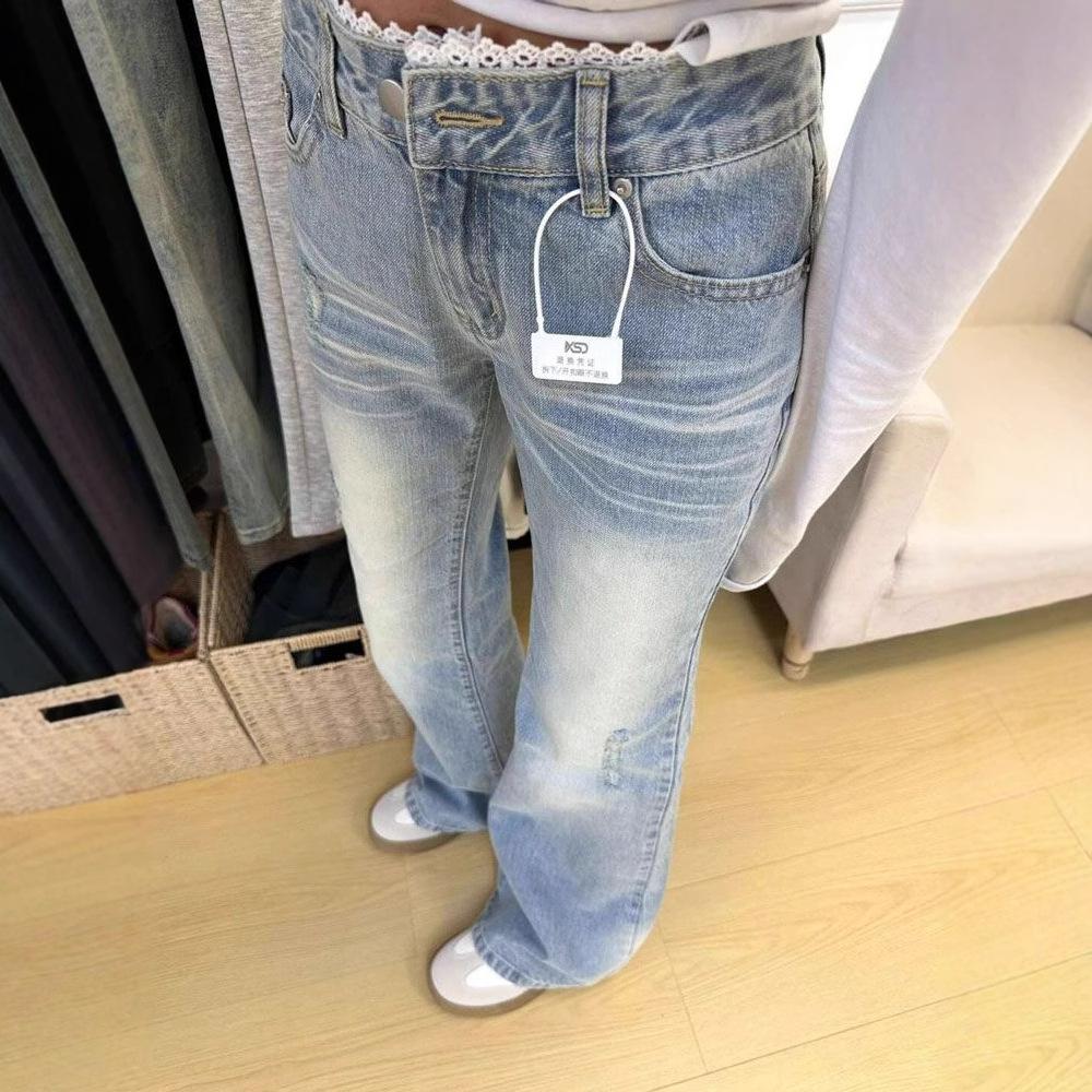 Pohodlné džíny s krajkovým prošíváním do podkovy Dámské Rok Velká velikost Nízký pas Zeštíhlující Skinny Mírně rozšířené kalhoty Džíny pro ženy Dlouhé džínové kalhoty