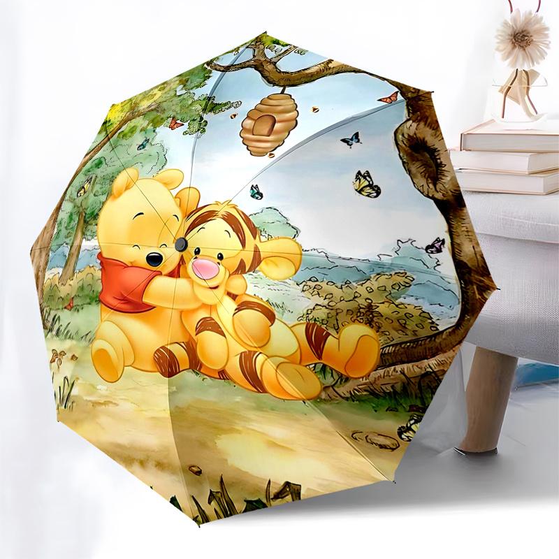 Ombrello da Viaggio a Tema Winnie the Pooh e Amici - 8 Stecche, Apertura e Chiusura Automatiche, Design Pieghevole Portatile, Ombrello Compatto ed Elegante