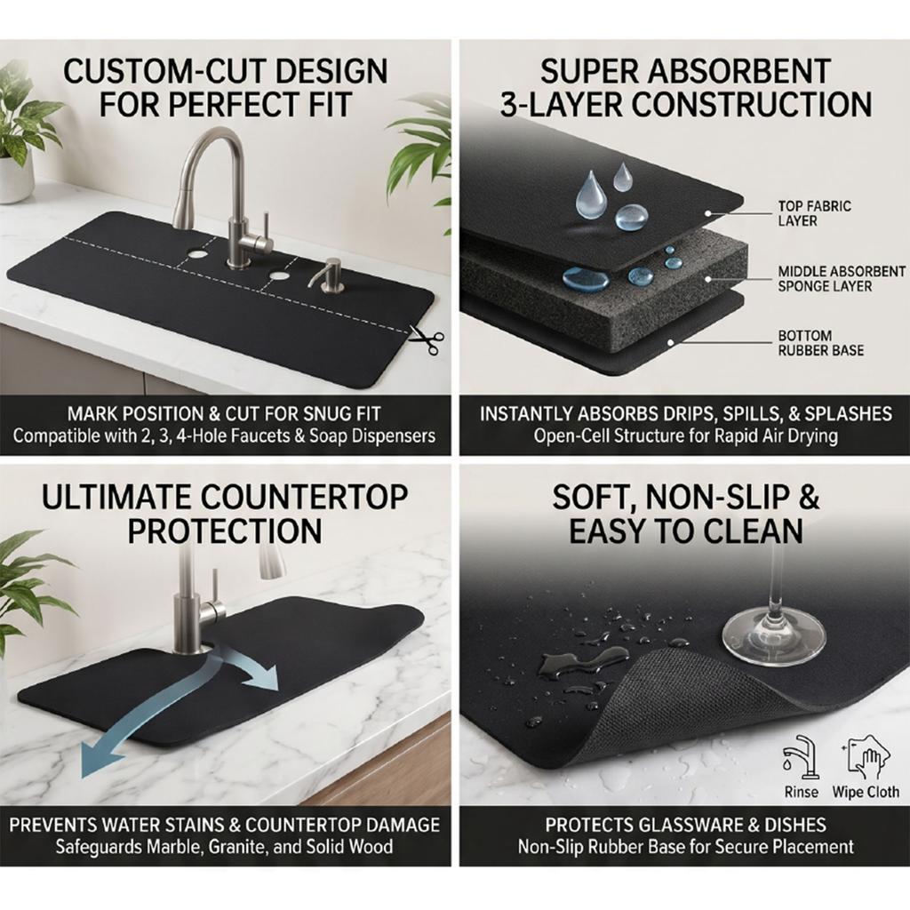 Kitchen Sink Mat 30 X 5.5 Inch, Customizable Faucet Splash Guard Mat, Quick Dry Sink Protector for Kitchen Bathroom,