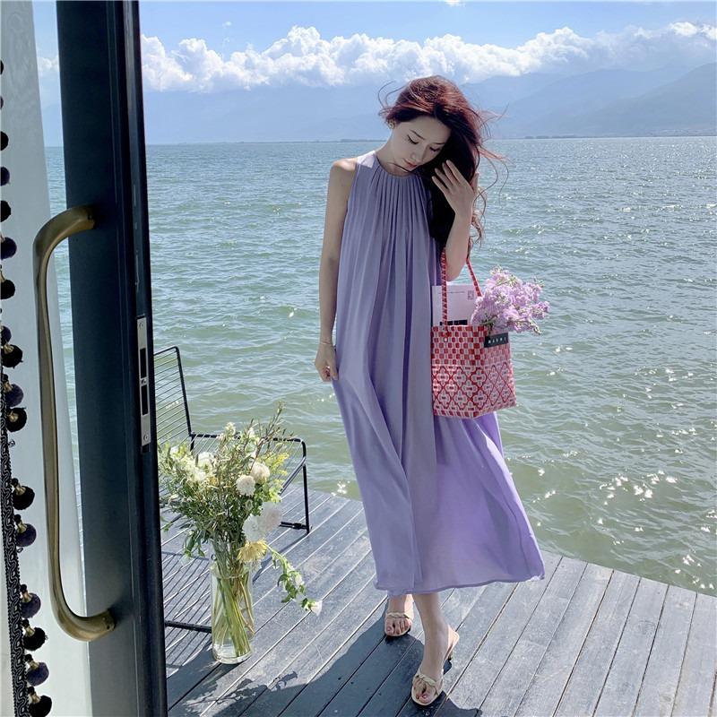 Summer New Sleeveless Casual Loose Purple Dress Women Fashion Plus Size A Line Beach Vacation Dresses Women Solid Pleated Round Neck Long Dress 26368