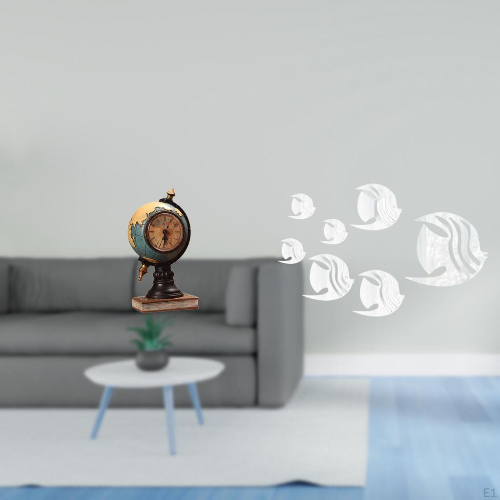 Figurine Table Clock And Acrylic Mirror Fish Wall Decals Art Craft Ornament for Office Bedroom