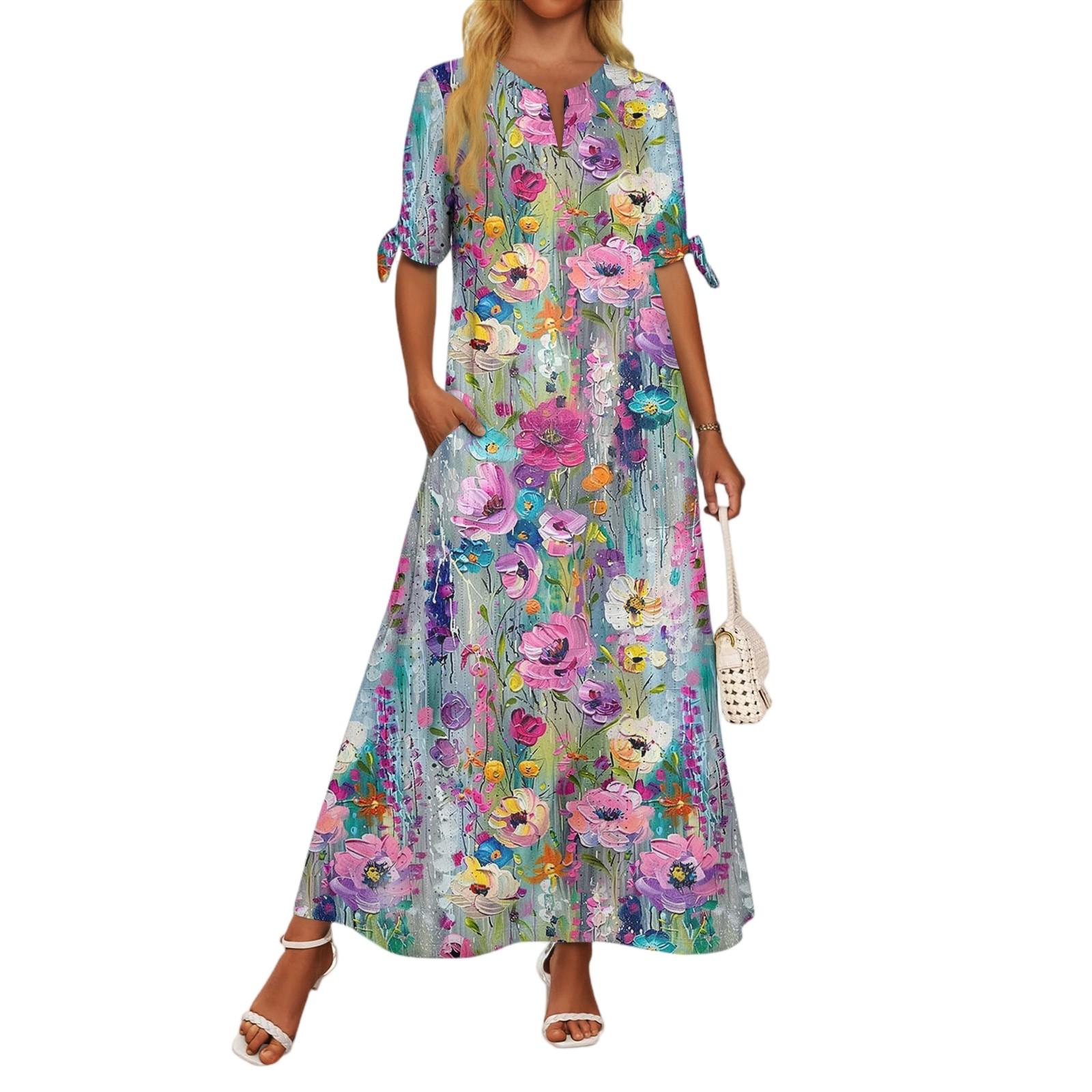 

Жіноча Повсякденна Мода Темперамент Елегантне Плаття Максі з Печворком на Талії та Квітковим Принтом S фіолетовий